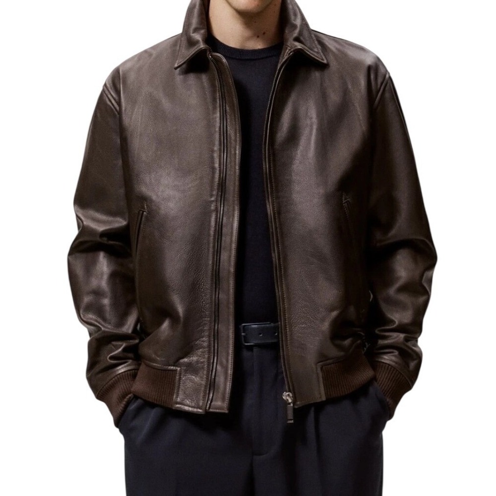 Zara Brown Real Leather Bomber Jacket Mens L 5479/305/700